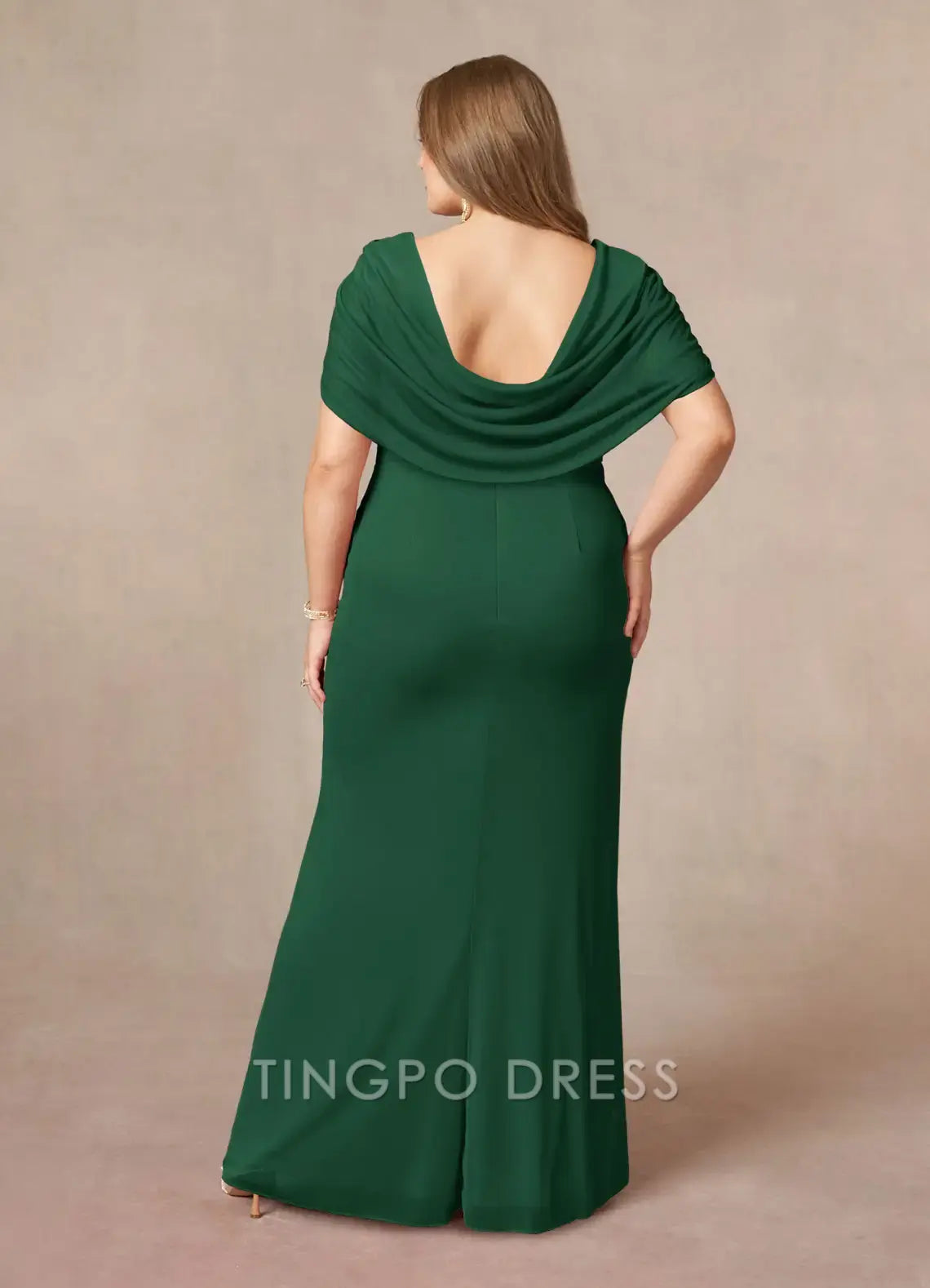 TingPo Wholesale Elegant Plus - Size V - Neck Chiffon Evening Gown with Draped Sleeves, Wrap - Style Bodice, and Side Slit: Ideal for Formal Affairs